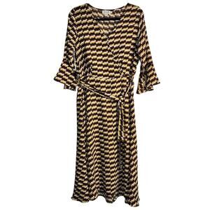 Molly Bracken Geometric Faux Wrap Midi Dress Brown Mustard Retro Print Size L